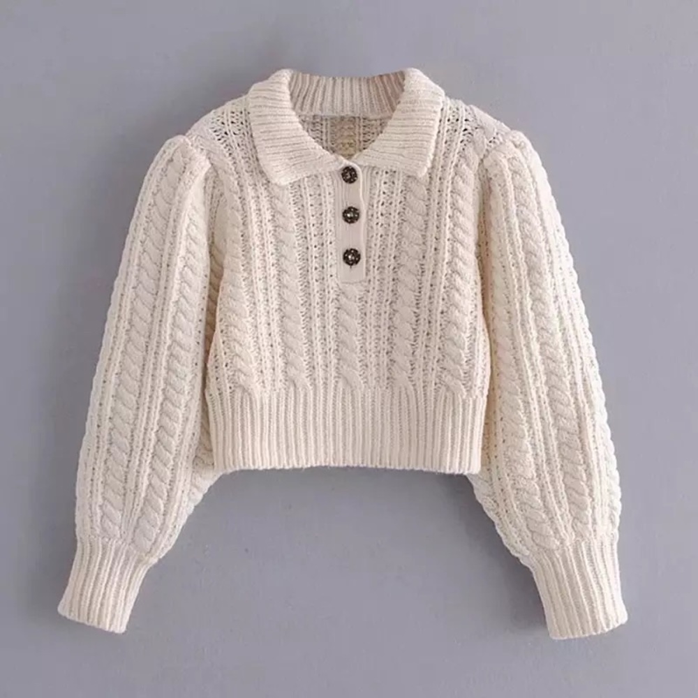 🦄HP♦︎ Sweater crop top cable knit white womens long sleeve button collar - Picture 1 of 7